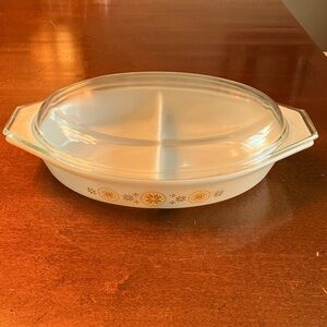 Vintage Pyrex Divided Ceramic Casserole Dish with Glass Lid